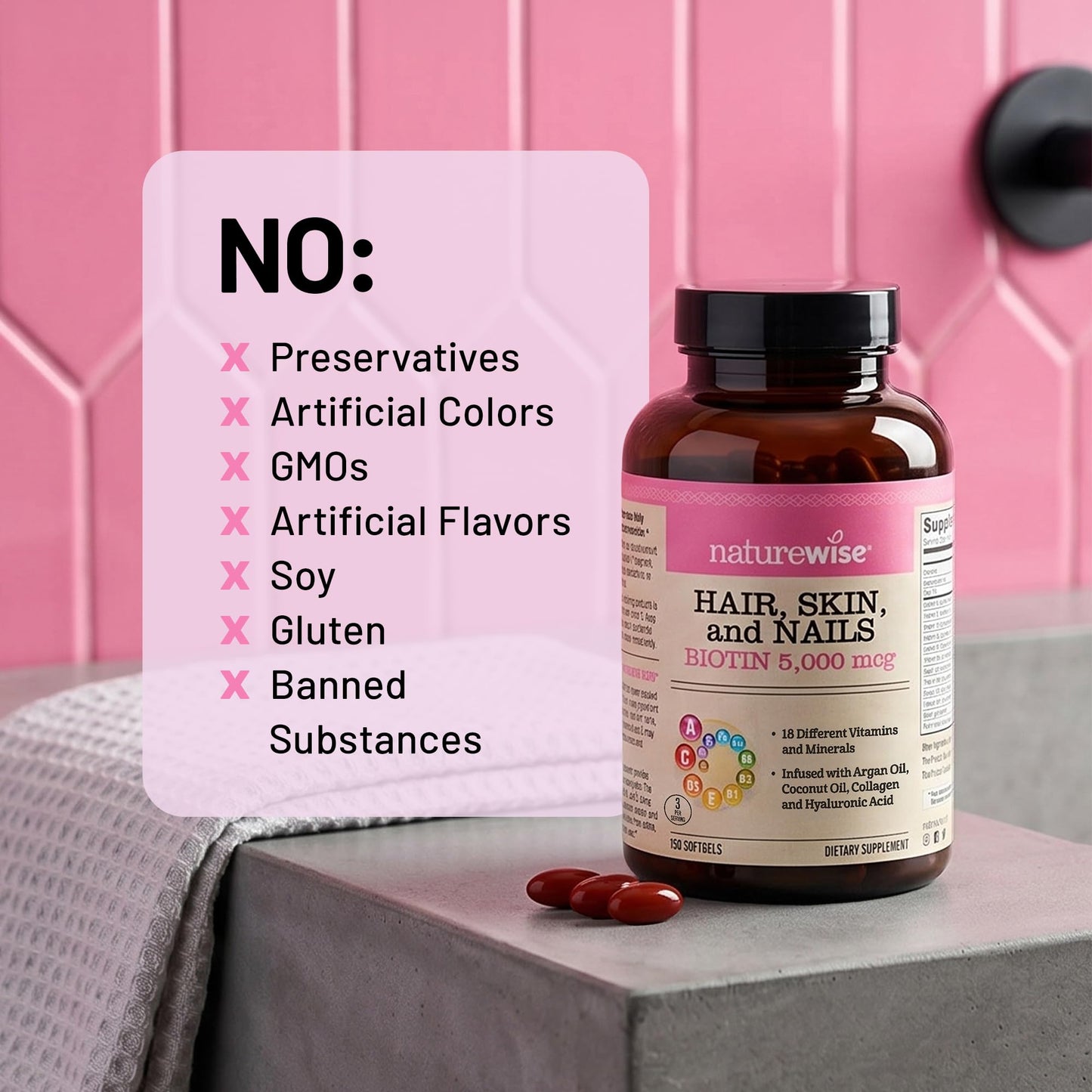 NatureWise Hair Skin and Nails Vitamin, Biotin 5000mcg w/Hyaluronic Acid, Collagen for Women with C, B Complex, D3, A, E, Iron - Non-GMO, Gluten Free - 150 Softgels[50-Day Supply]