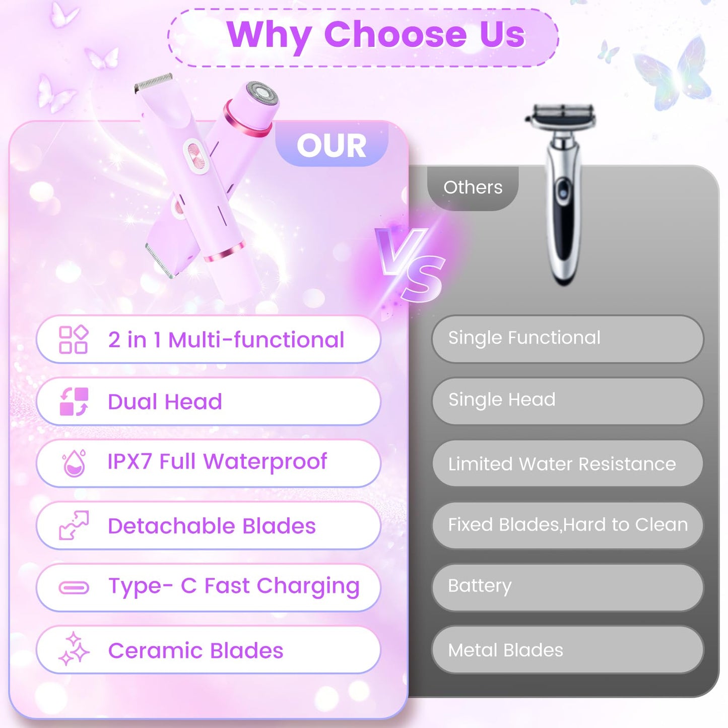 2 in 1 Electric Razors for Women, Dual Head Bikini Trimmer with Carrying Case, Ipx7 Waterproof Trimmer Shaver, Ladies Hair Removal for Face Armpit Pubic Hair Leg, Easy Cleaning and Ceramic Blade
