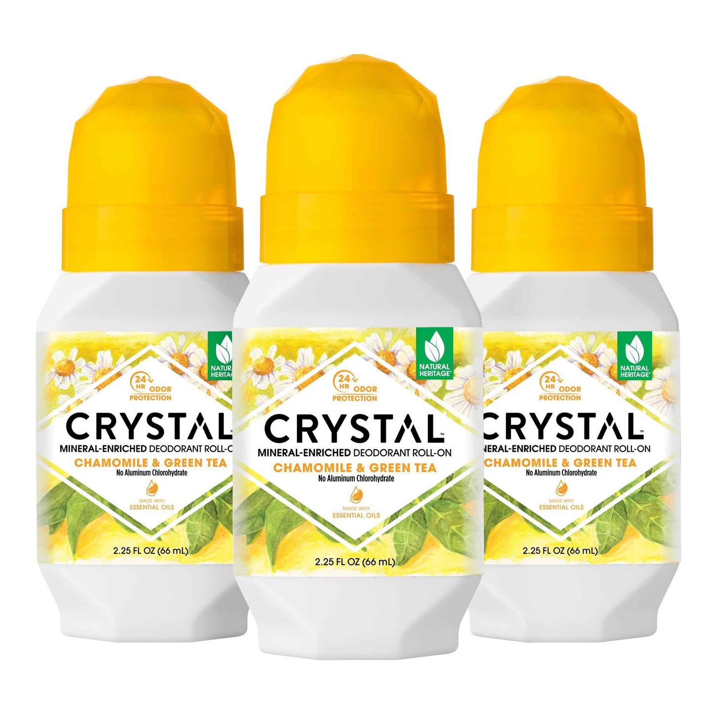 CRYSTAL Mineral Deodorant Roll-On- Body Deodorant With 24-Hour Odor Protection, Non-Staining & Non-Sticky Deodorant with Chamomile & Green Tea, Aluminium Chloride & Paraben Free, 2.25 FL OZ - 3 Pack