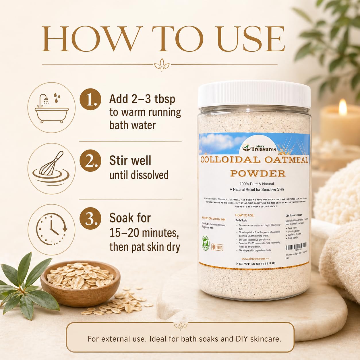 Dirty Treasures Colloidal Oatmeal Bath | Eczema & Itchy Skin Relief | Baby-Safe, 100% Natural, Fragrance-Free | 1 lb (16oz)