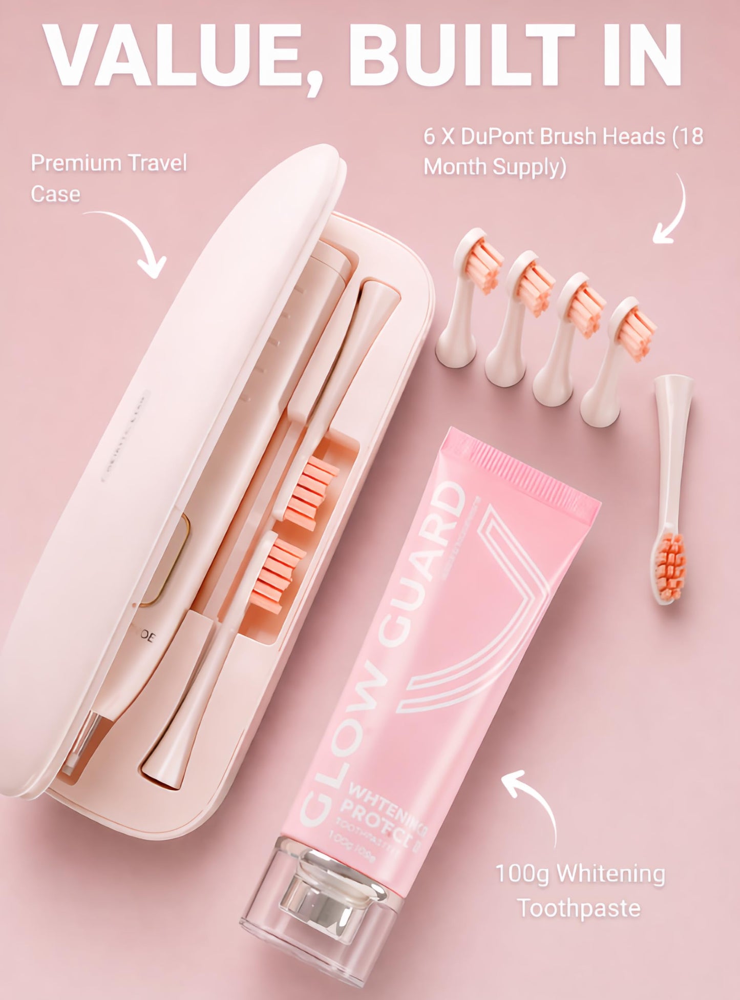 SMILE NOVA Sonic Lux™ Pink Electric Toothbrush for Adults – Luxury Rechargeable Sonic Electric Toothbrush with Travel Case with GlowGuard Nano-Hydroxyapatite Whitening Toothpaste & 6 Brush Heads