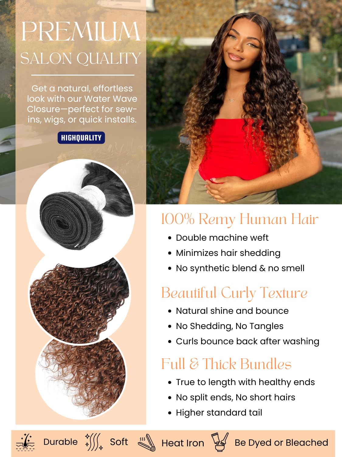 Anmetan 12A Ombre Human Hair Bundles Water Wave, Chestnut Ombre Brown 100% Remy Human Hair Curly Single Bundle Wet and Wavy Thick 3 Tone Colored #T1B/2/30 Dark Roots Keep Soft After Washes 12 Inch