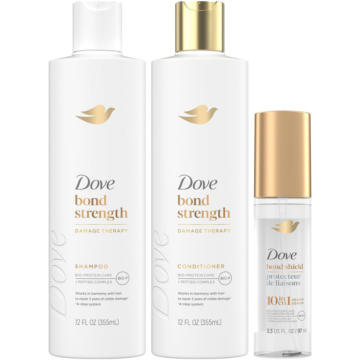 Dove Bond Strength Shampoo & Conditioner Set + Hair Serum Bundle – Repair Treatment for Damaged and Frizzy Hair (3 Piece Set)