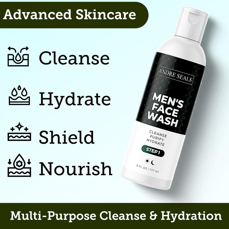 Andre Seals Mens Face Wash | Facial Cleanser with Activated Charcoal, Hyaluronic Acid & Green Tea | Exfoliate, Deep Pore Cleansing & Hydrating Facial Cleanser | Exfoliating Face Wash | Mens Skin Care