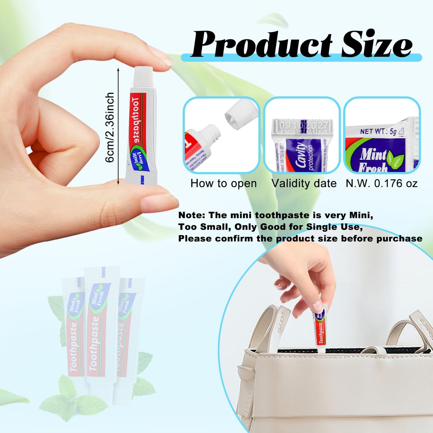 HOIQIRY 200 Tubes Extra Small Travel Size Toothpast Bulk,Mini 0.176 oz/5 Grams Small Disposable Toothpaste Mint Single Use Mini Bulk Toothpaste Travel Size for Hotel,Camping,Homeless,Charity,Guests