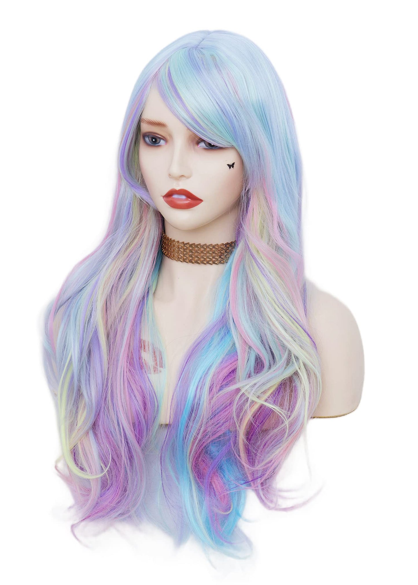 Rugelyss Rainbow Colorful Wigs for Women 26 Inches Long Wavy Fashion Synthetic Full Head Hair Wig with Bangs for Cosplay or Party