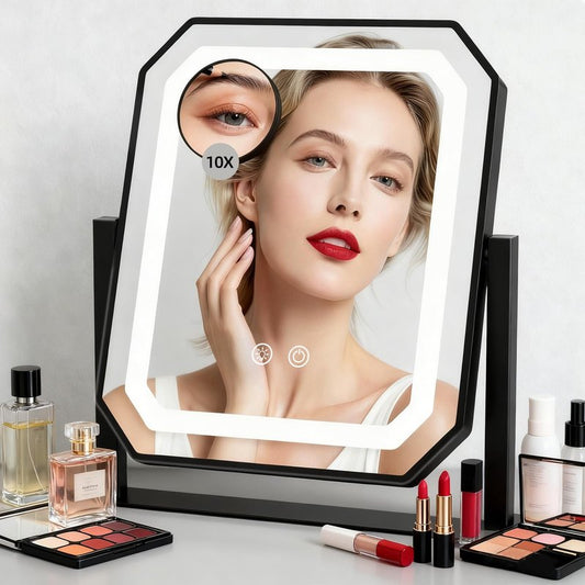 GioeDa Lighted Makeup Mirror, 12"x10" Hollywood Vanity Mirror with Lights, Brightness Adjustable, Makeup Mirror with Lights,3 Colors, Smart Touch Control, Detachable 10X Magnification for Home/Gift