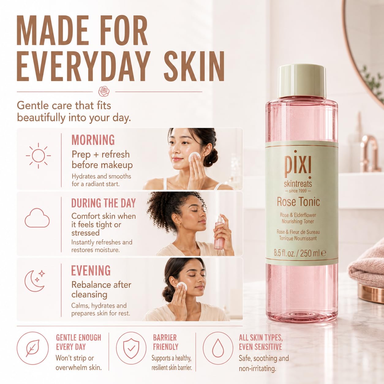 Pixi Rose Tonic Rose Hydrosol Toner Hydrates Skin, Minimize Redness, Rehydrates and Replenishes, 8.5 fl oz/250ml