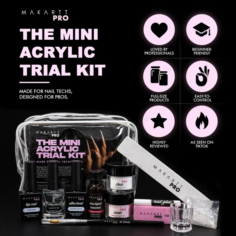 MakarttPro Mini Acrylic Nail Kit for Beginner Nail Technicians 12pcs - Starter Set with Pink & Clear Acrylic Powders, EMA Monomer, Kolinsky Brush and Nail Essentials