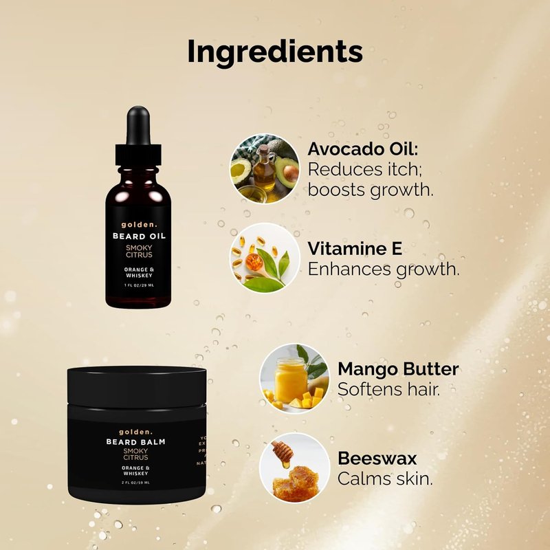 Golden Grooming Beard Bundle - Natural Growth Kit with 2oz Balm & 1oz Oil | Shea Butter Conditioner, Smoky Citrus