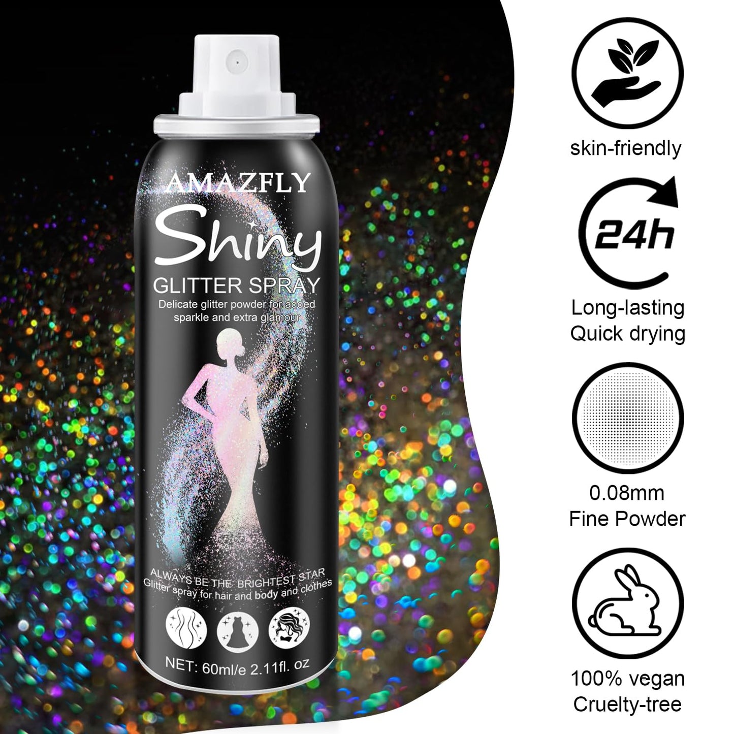 Hair and Body Glitter Spray, Aerosol Glitter Spray for Hair and Body, Long-Lasting and Quick-Drying Silver Glitter Hairspray Suitable for Stage, Festival Rave and Makeup Prom (Rainy-Rainbow)