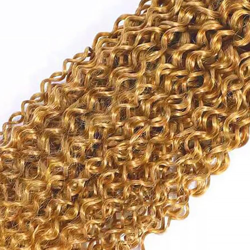 Honey Blonde Human Hair Bundles 16 18 20 Inch Kinky Curly Wave Bundles Human Hair Unprocessed Native Virgin Hair 100/PC 3 Extensions #27 Blonde Color Wet and Wavy Human Hair Extensions for Women