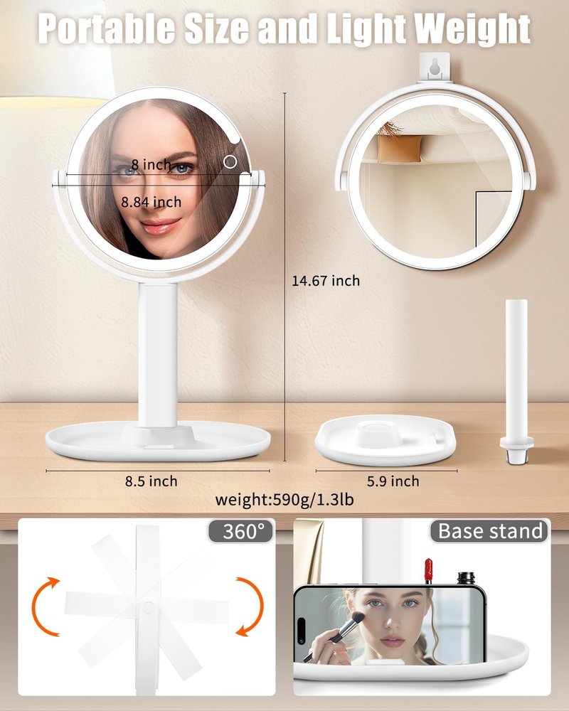 15X Magnifying Makeup Mirror with Lights - Double-Sided 360° Rotation, Rechargeable, Adjustable Brightness for Vanity & Bedroom