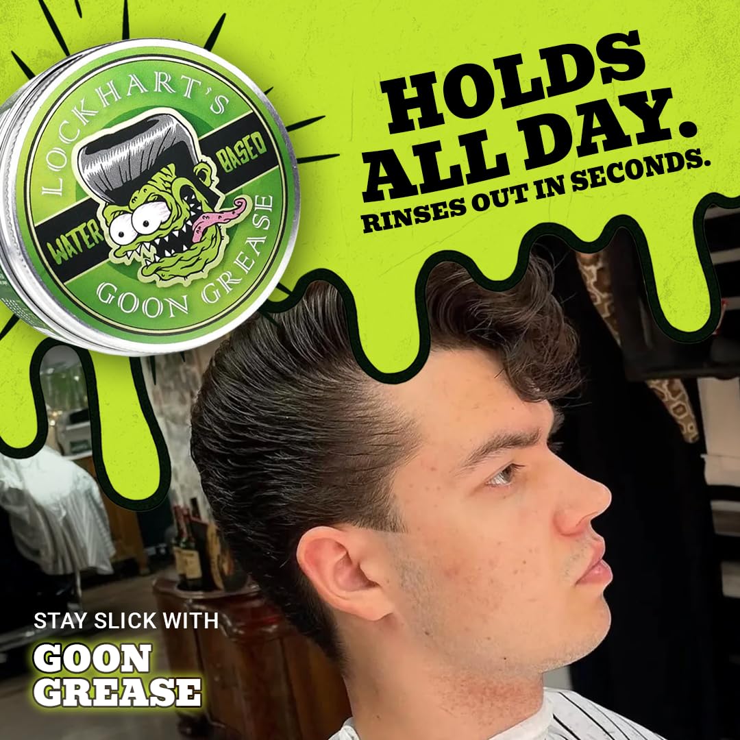 Lockhart’s Goon Grease - Water-Based Pomade – All Day Hold, High Shine Hair Pomade for Men – Washable, Strong Styling for Classic & Modern Looks - Citrus Cologne Scent - 3.4oz