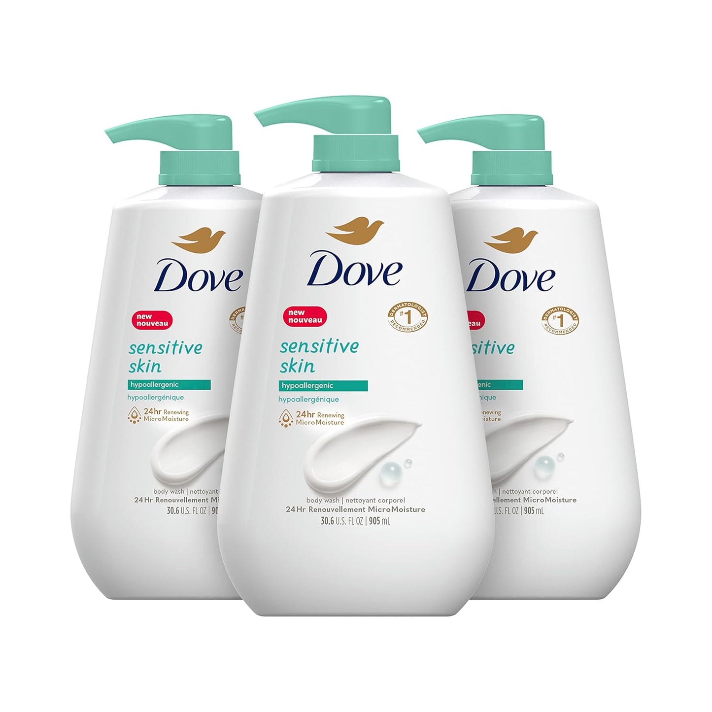 Dove Sensitive Skin Body Wash - Gentle Cleansing Formula | 30.6 Fl Oz (Pack of 3) & Advanced Care Antiperspirant Spray with Pro-Ceramide Technology