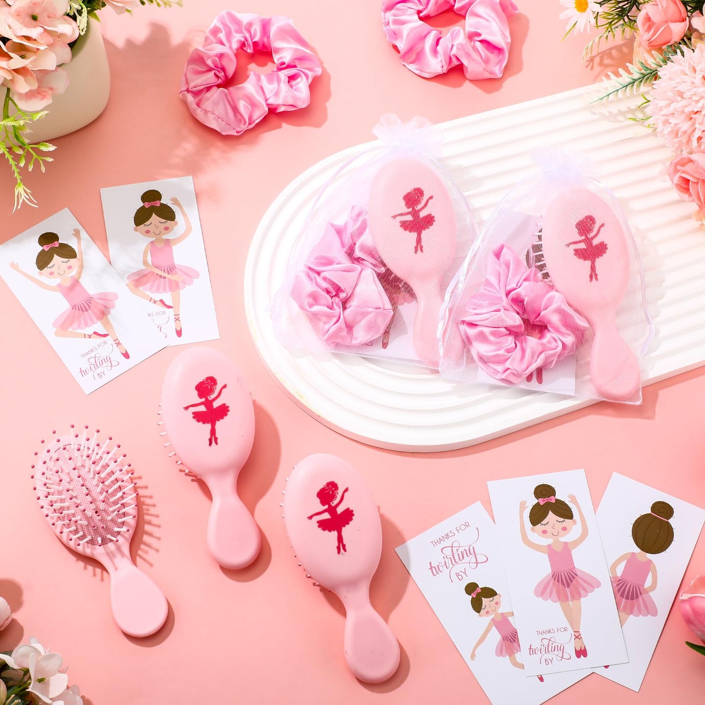 Shellwei 30 Pcs Ballerina Party Favors Include 10 Velvet Hair Scrunchies 10 Portable Comb 10 Ballet Thank You Cards Dance Recital Gifts for Summer Ballet Birthday Party Favors(Pink)