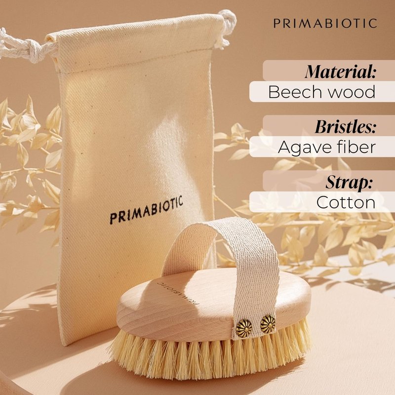 Primabiotic Body Massage Brush with Pouch – Eco-Friendly Product from Europe – Beech Wood & Agave Fibers – Oval Handle with Cotton Strap – Ideal for Dry Massage and Cellulite Reduction