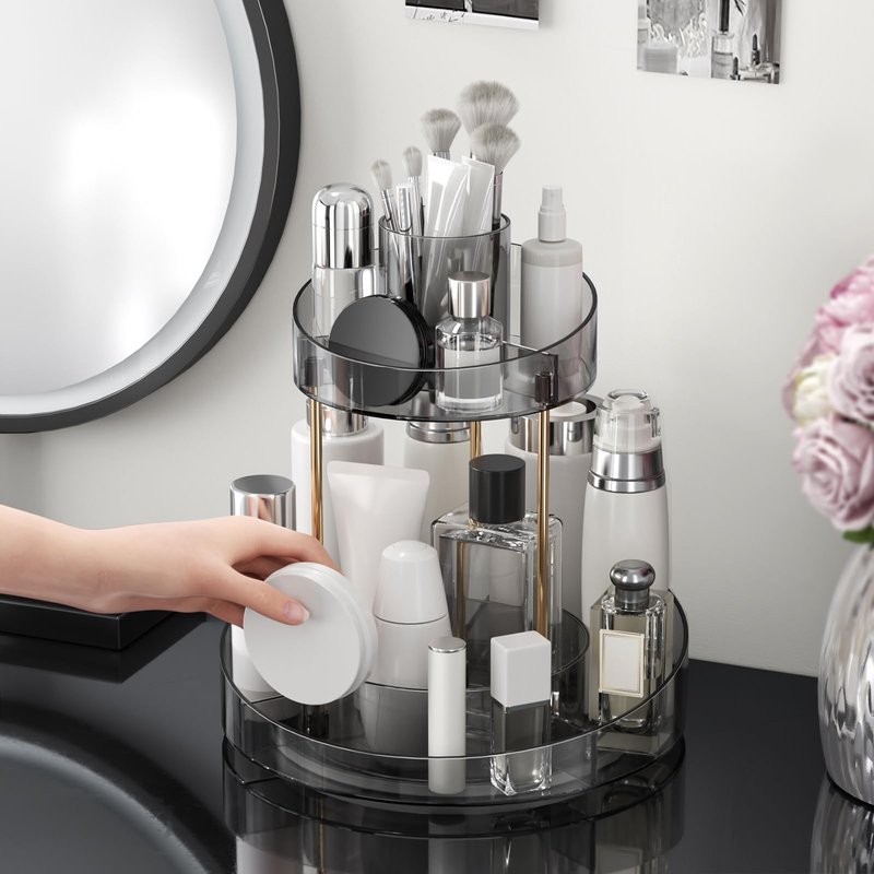 2 tier Makeup Organizer Countertop,360 Rotating Makeup Organizer for Skincare, Lipstick and Perfumes,Multi-function Cosmetic Display Cases for Vanity,Bathroom,Grey