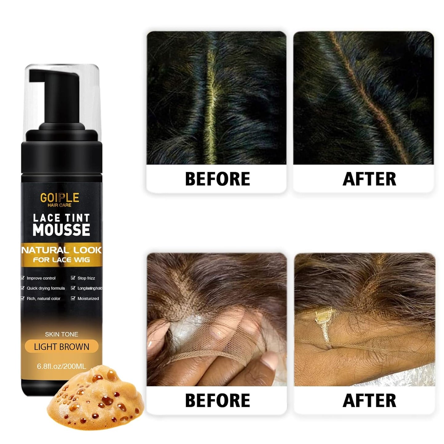 Lace Tint Melting Hair Mousse, 6.8 fl oz Lace Tint Mousse for Women Hair Wig Lace Wigs Toupees and Hairpieces Natural Finishing Lace Color, Lace Tint Mousse for Wigs Melts Lace Foam Tint(Medium Brown)