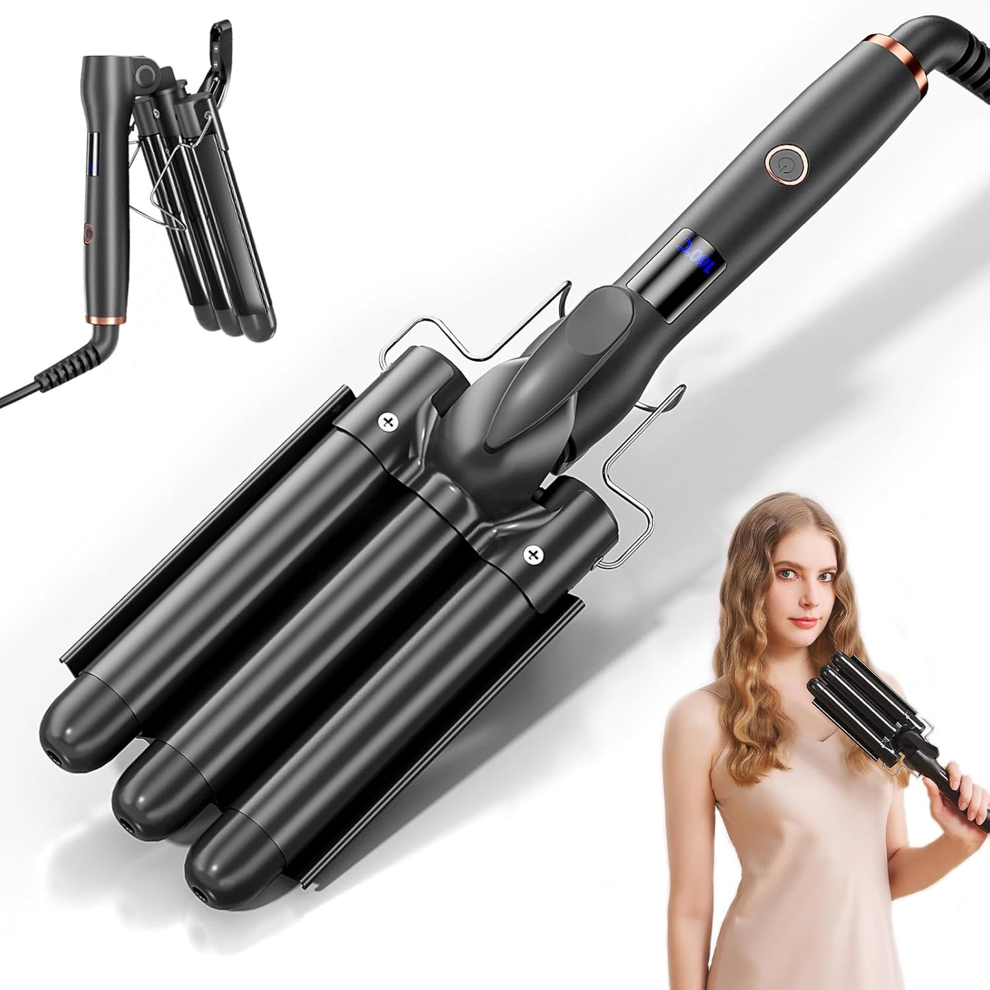 3 Barrel Beach Wave Curling Iron - 1 Inch Hair Crimper with Adjustable Temperature & Quick Heat-Up | Foldable Design