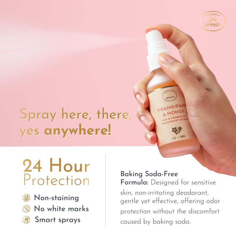 Honestly pHresh Pre & Probiotic Deodorant Spray for Women – Aluminum & Baking Soda Free Natural Deodorant Mist with 24-hour Odor Protection – Vegan, Made in USA - Frangipani and Monoi Scent, 2floz