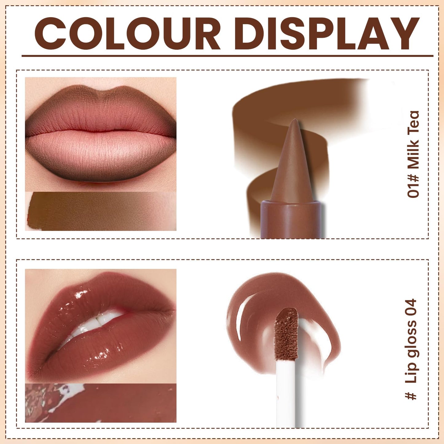 HOSAILY Lip Liner Gloss Set, Light Brown Plumping Lip Liner Lip Pencil Moisturizing Lightweight Lip Gloss Lip Combo, High Shine Glossy Lip Tint Lip Stain Makeup Long Lasting Lip Contour for Women