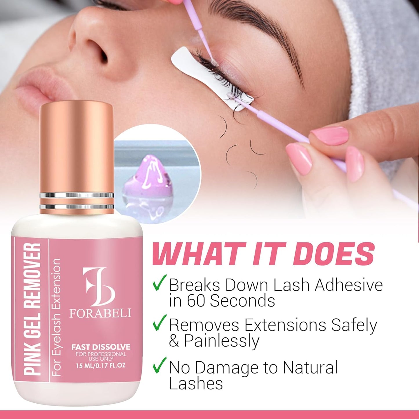 Pink Gel Lash Remover for Eyelash Extensions - Fast Acting 60s Dissolution | Professional Adhesive Remover | 15ml