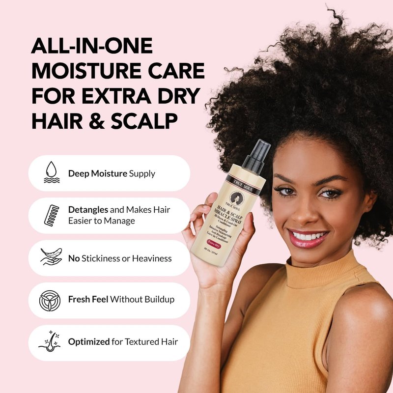 TRUE SOUL Hair and Scalp Miracle Spray Leave-In Conditioner & Detangler for Braids, Locs, Curly & Textured Hair with Castor Oil, Moisturizing Spray for Dry Itchy Scalp, 8 fl oz
