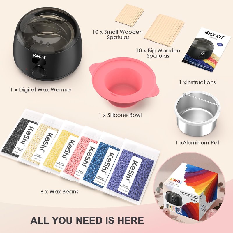 KeShi Waxing Kit for Women and Men, Digital Wax Warmer with 6 Bags Hard Wax Beads, at-Home Hair Removal Wax Kit for Full Body, Face, Eyebrow, Bikini, Legs, Brazilian Sensitive Skin