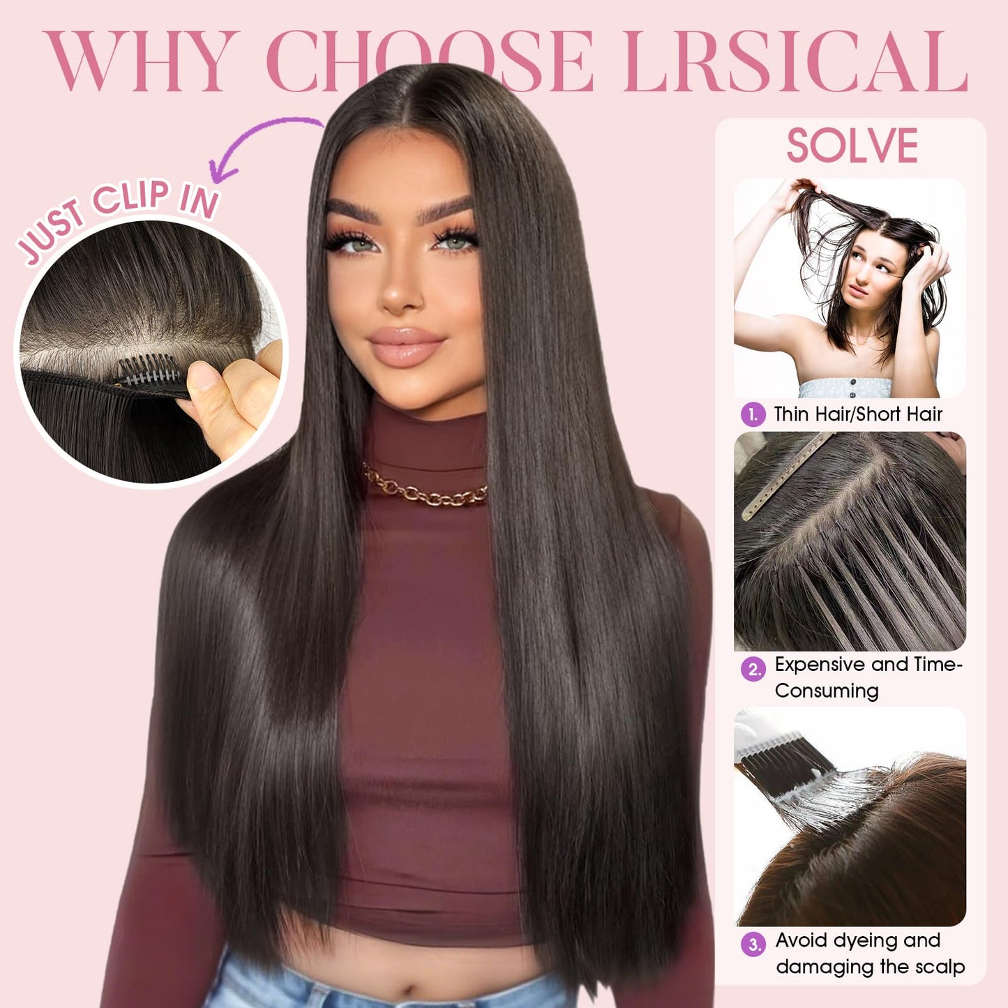LRSICAL Hair Extensions,Clip in Hair Extensions Dark Brown Long Straight 4PCS Hairpieces Natural Soft Fiber Double Weft Hair for women 22 Inch