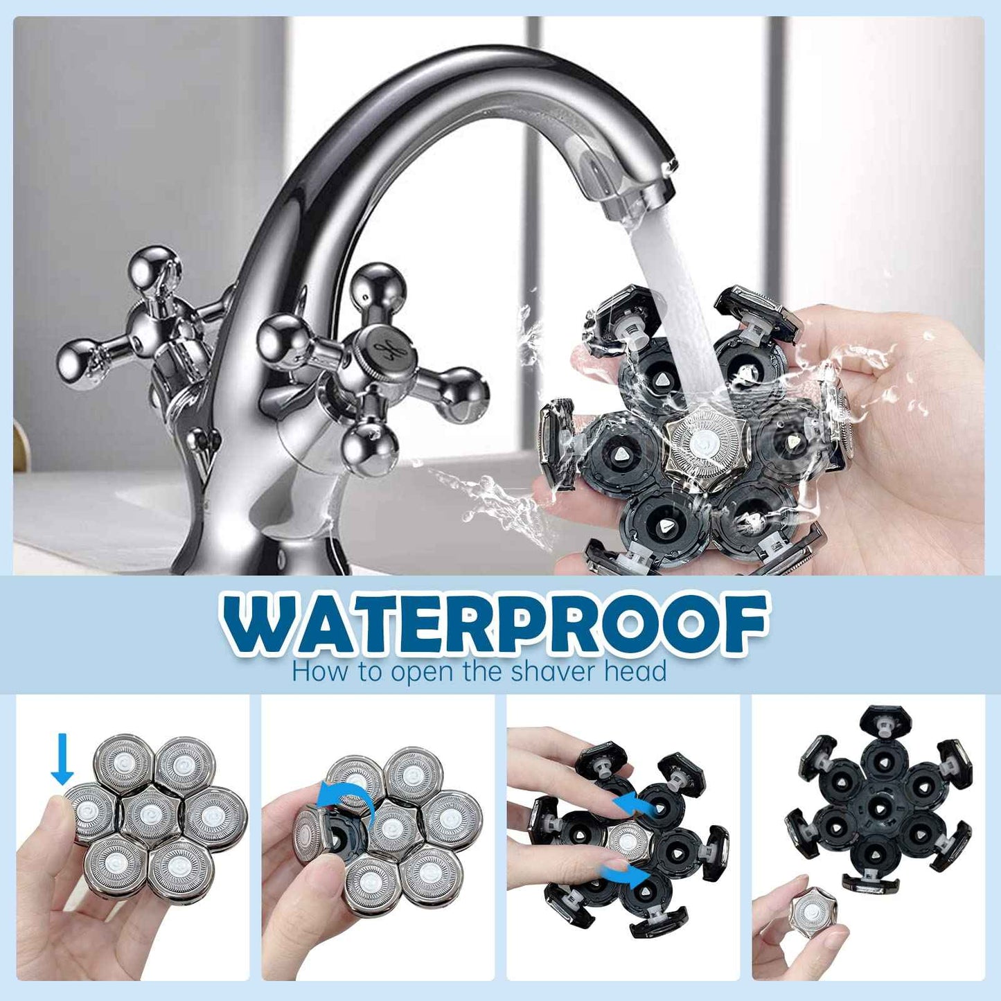 Electric Shaver Replacement Heads 7D - 7 Blades Head Shaver Replacement Heads Universal Stainless Steel Rotary Blade Refills for Bald Head Razor for Men (Silver Gray)