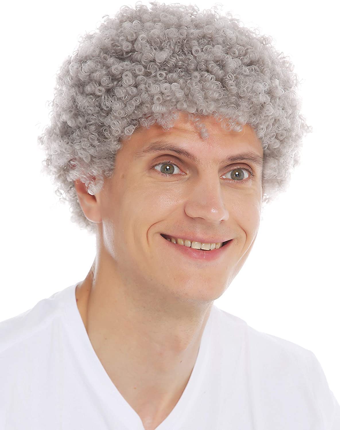 Wiwige Grey Afro Wig for Men Short Curly Halloween Disco Rock Heat Resistant Synthetic Wigs with Wig Cap