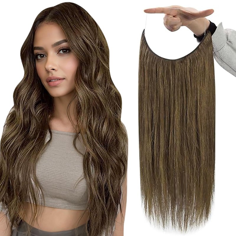 Fshine Invisible Wire Hair Extensions, 10 Inch 56g Medium Brown Color, Layered Hairpiece with Transparent Fish Line, Short Straight Remy Human Hair for Women