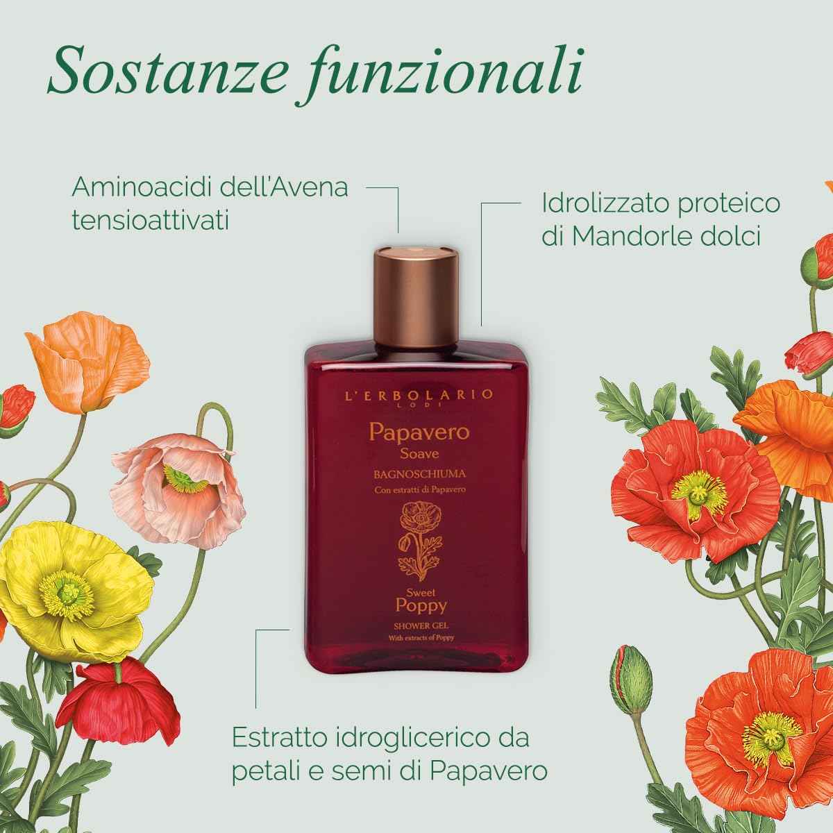 L'Erbolario Shower Gel – Antioxidant and Moisturizing Body Wash – Toning Body Soap for Sensitive Skin - Floral Amber Fragrance - Sweet Poppy - 8.4 oz
