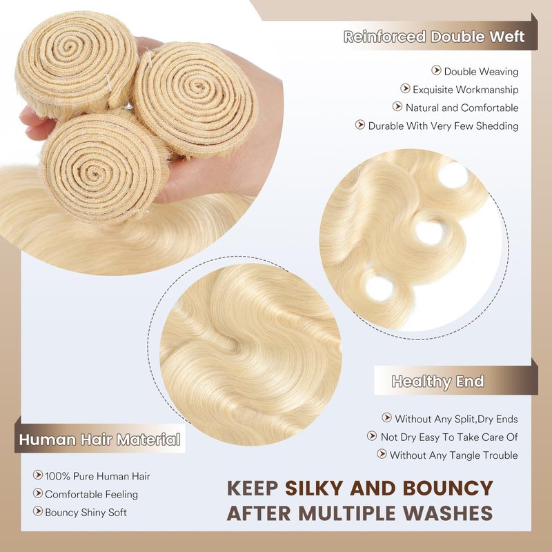 Frealhd 613 Blonde Body Wave Bundles Human Hair 16 Inch, 100% Virgin Human Hair 1 Bundle No Synthetic Blend, Triple Lifespan Salon Grade Remy Hair Extensions For Women