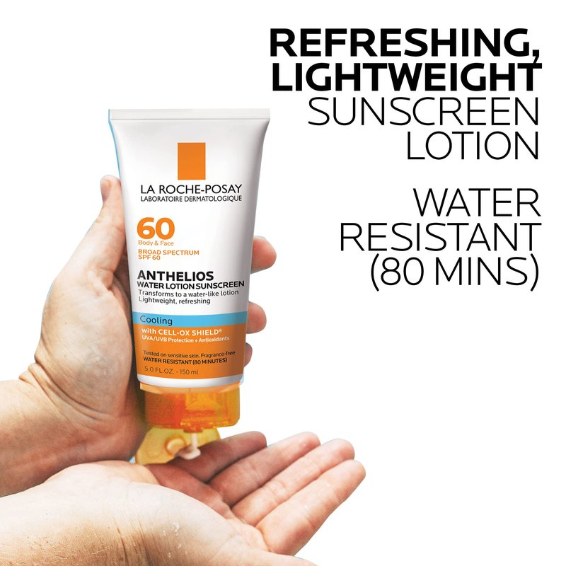 La Roche-Posay Anthelios Cooling Water Sunscreen Lotion, Water Based Sunscreen for Face & Body, Broad Spectrum SPF + Antioxidants, Fast Absorbing Water-Like Texture, Oil Free Sunscreen SPF 60