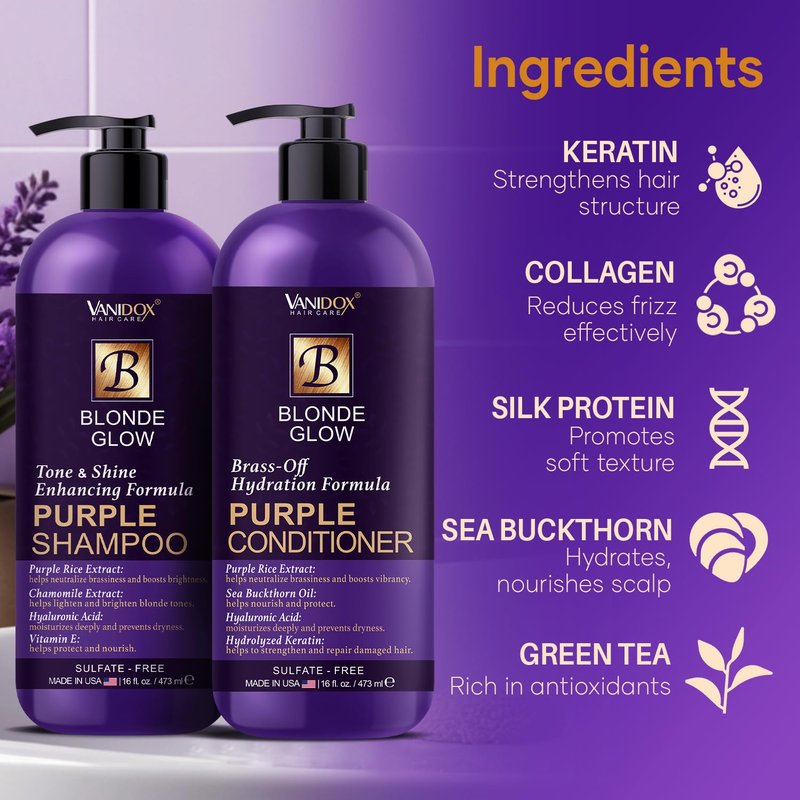 VANIDOX Purple Shampoo & Conditioner Set - Sulfate Free for Blondes & Highlighted Hair | 16 fl oz Each