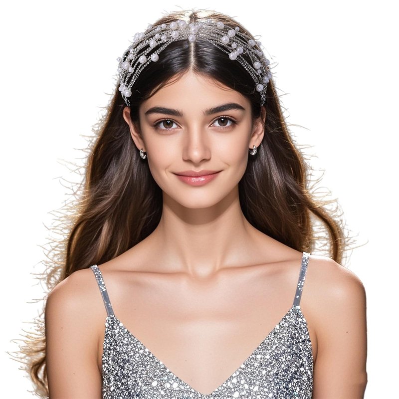 JHOO Bridal Rhinestone Pearl Hairband Women's Fashion Rhinestone Headdress Silver Wedding Pearl Headband Hair Accessories for Bride Bridesmaid Ladies HP658