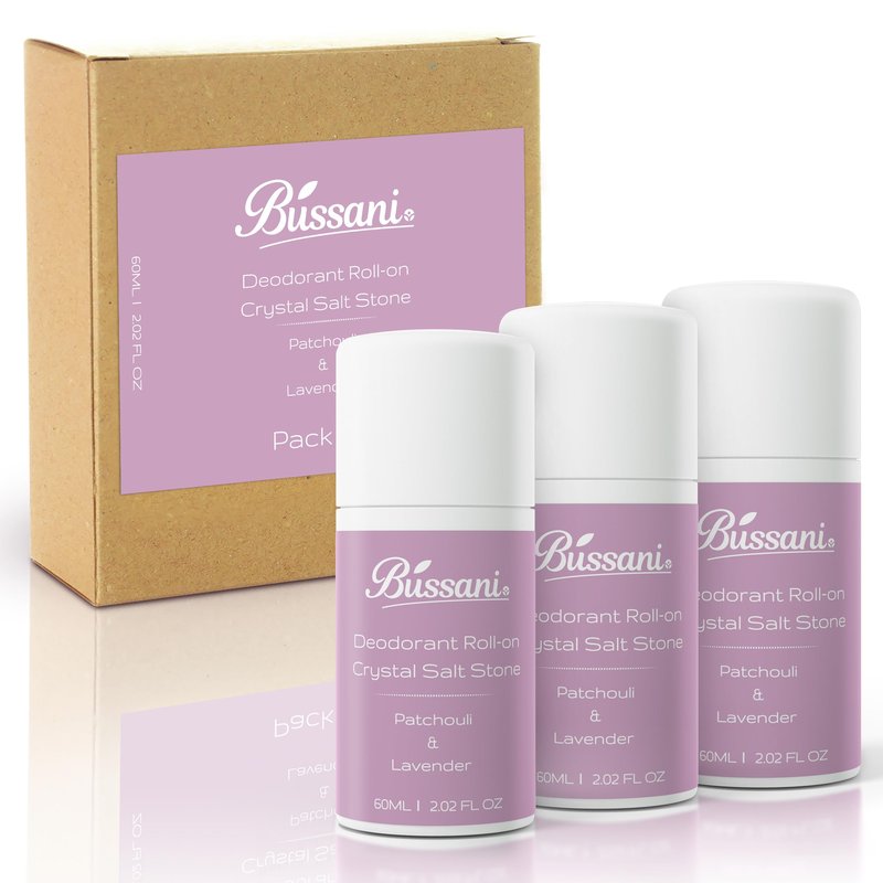 Bussani Women's Roll-On Deodorant | Salt Stone Formula, Long-Lasting & Aluminum-Free | 24-Hour Odor Protection | Gifts for Her ֻ| Fragrance: Lavender Patchouli Scent, 2.02 fl oz, Pack of 3