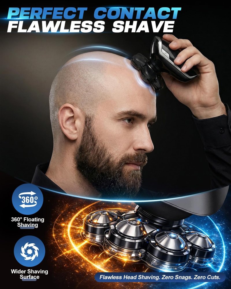 Electric Head Shaver for Bald Men - 7D Floating Blades, IPX7 Waterproof | Rechargeable & Detachable Design