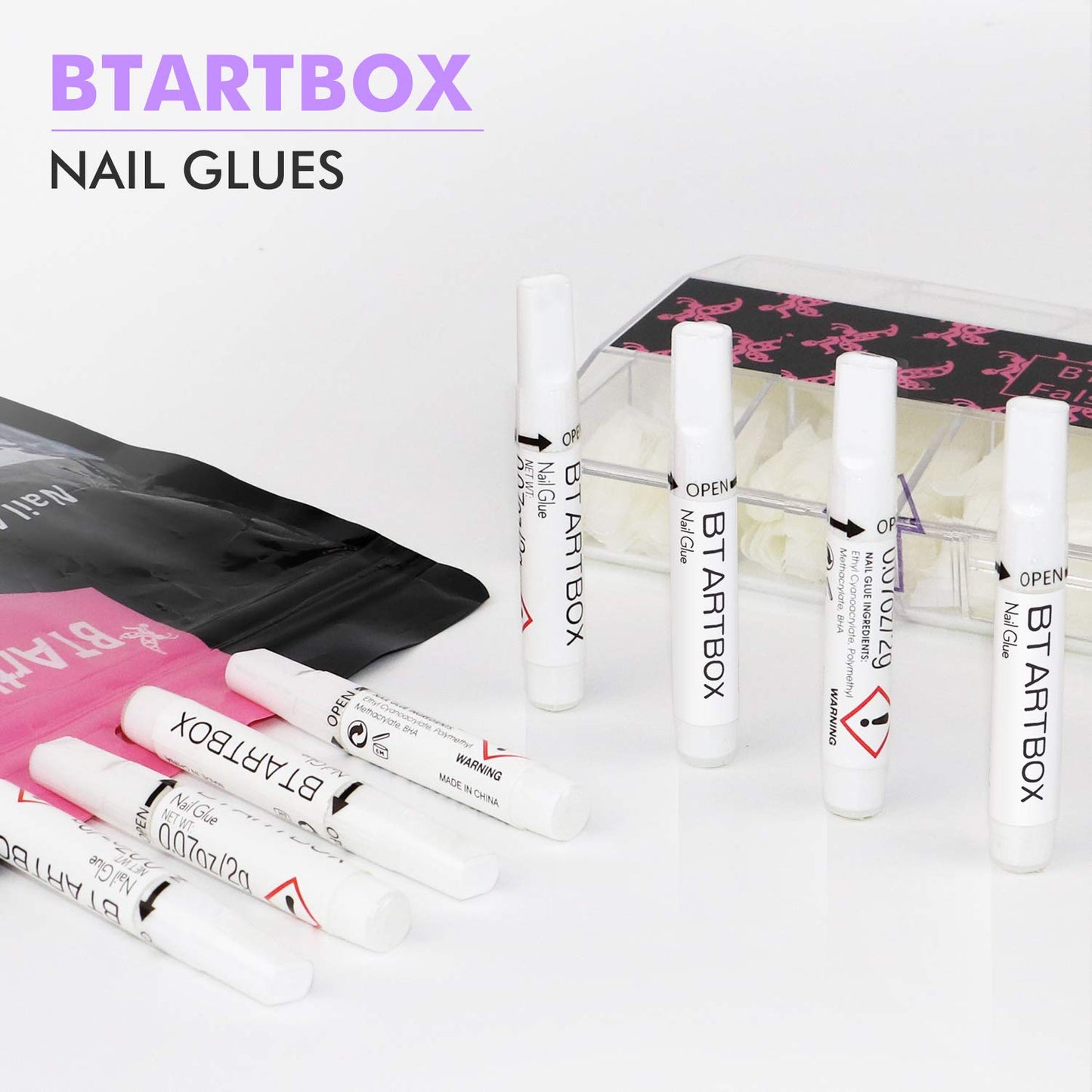 Nail Glue for Acrylic Nails - Nail Glue for Press On Nails, 8 Pcs BTArtbox Adhesive Super Bond for Fake Nails Tips Long Lasting, 0.07 oz