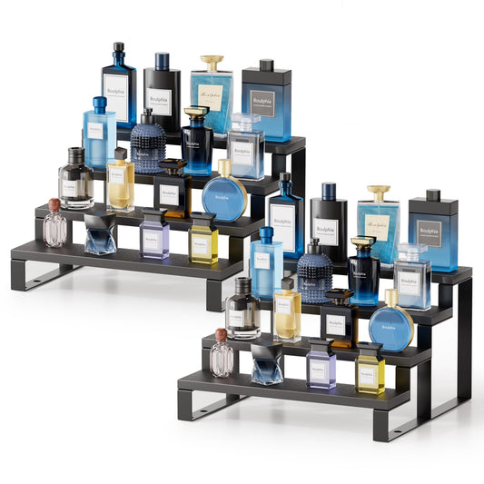 Boulphia 2 Set Black Cologne Organizer for Men, 12 Inch Cologne Stand 4 Tier Perfume Organizer for Dresser, Versatile Step Display Stand Shelf for Fragrance, Skincare, Figurine, Dessert (Wood & Metal)