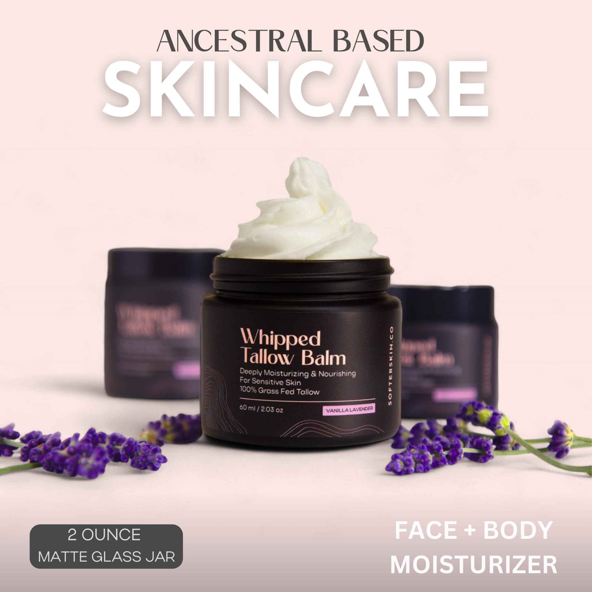 Beef Tallow for Skin (Vanilla Lavender 2 oz) - Whipped Tallow Balm for Face and Body - Natural Moisturizer for Sensitive Dry Skin - Handmade Body Butter - 100% Grass-Fed - Gentle Skincare
