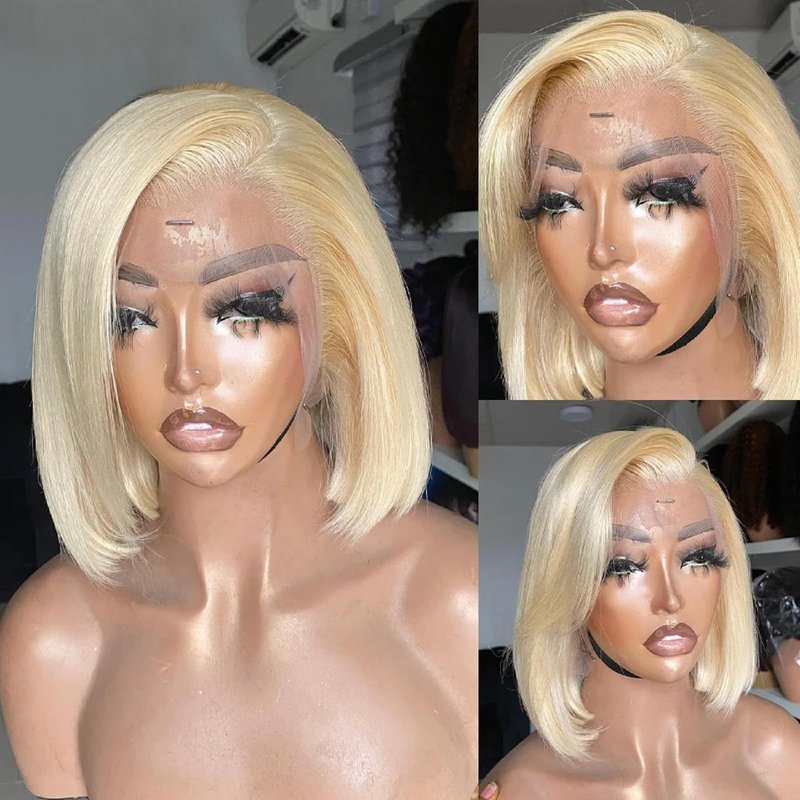 Munx Bob Wig Human Hair 13x4 HD Frontal Lace Wig Real Human Hair 180% Density Straight Blonde 613 Human Hair Wigs for Black Women Glueless Wigs Pre Plucked Blunt Cut Wig 8 Inch