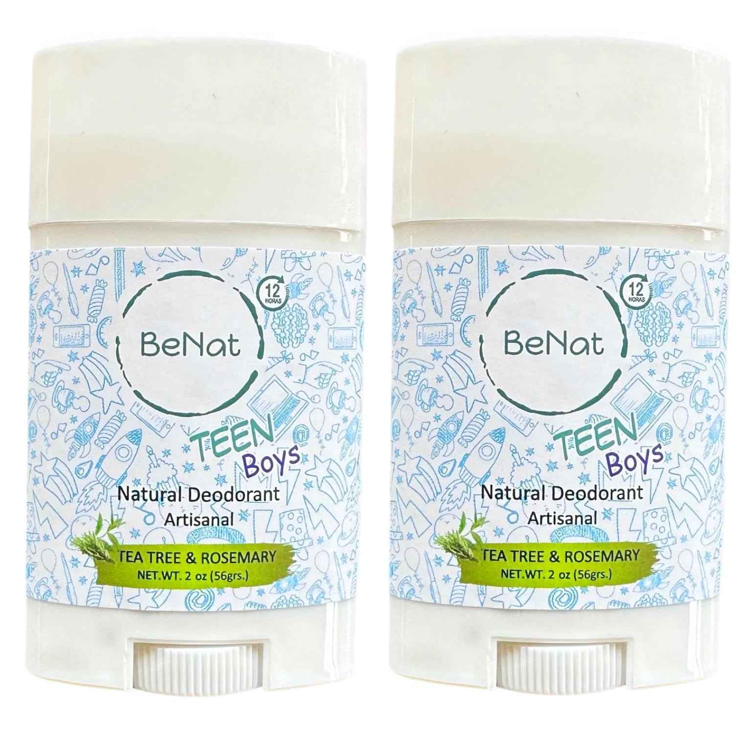 BeNat 2-Pack All Natural Deodorant For Teen Boys 100% Natural Aluminum-Free Carcinogen Free Kids Deodorant For Boys Clinically Proven To Be Safe For Children and Teenagers