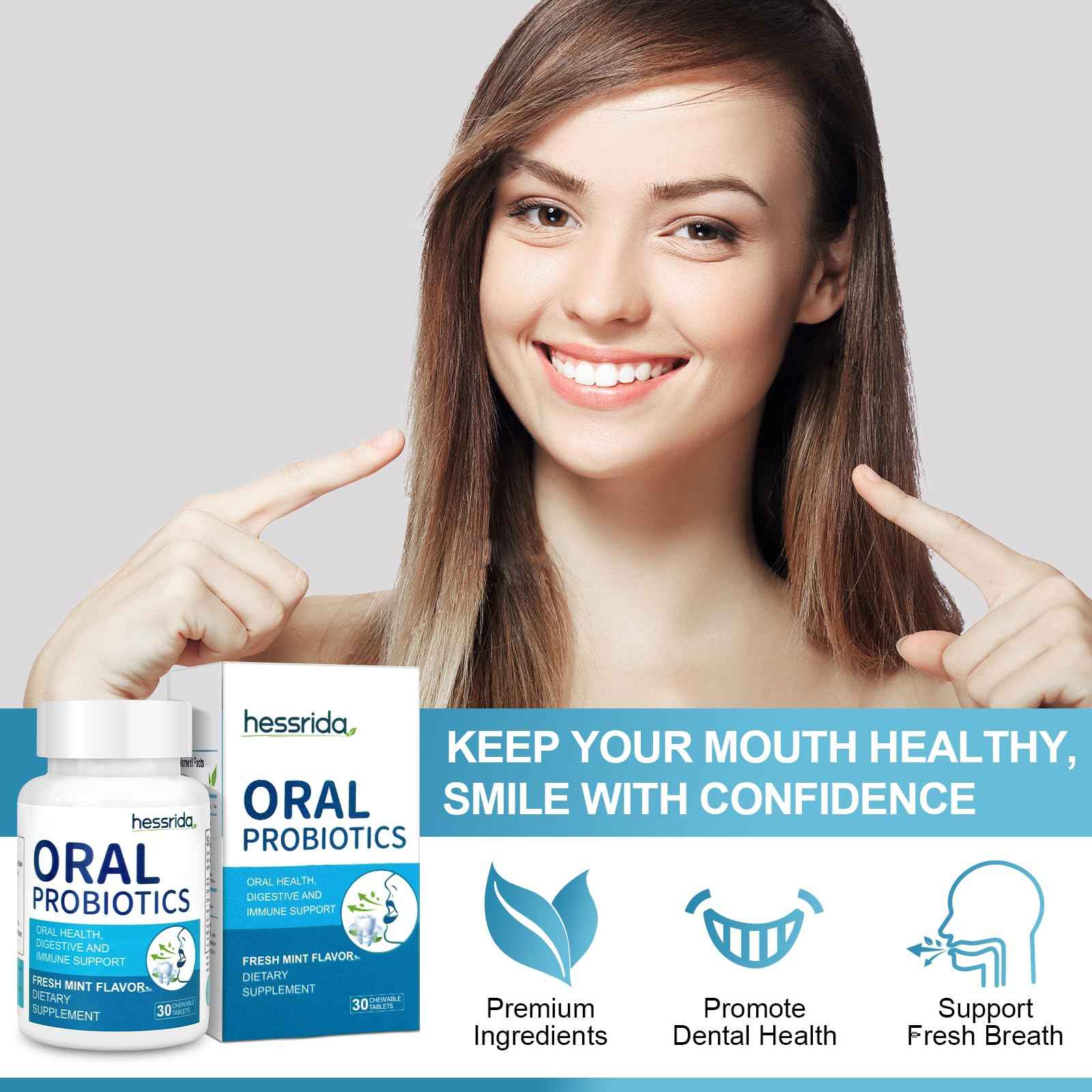 Oral Probiotics for Mouth Bad Breath Treatment for Adults(30 Count), Chewable Oral Care Probiotic, Dental Probiotics for Teeth,Gum Restore & Fresh Breath, Mint Tablets
