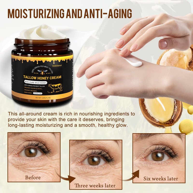 Tallow Face Moisturizer(4.2 oz) - 100% Grass - Fed Beef Tallow Blended with Organic Beeswax and Honey Balm - Tallow and Honey Balm - Deep Wrinkle-Fighting Moisturize,Suitable for All Skin Types