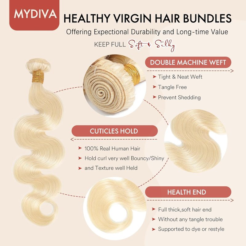 613 Blonde Body Wave Hair Bundles - 100% Unprocessed Brazilian Virgin Human Hair | 10-12-14 Inch, 3 Bundles, Double Weft
