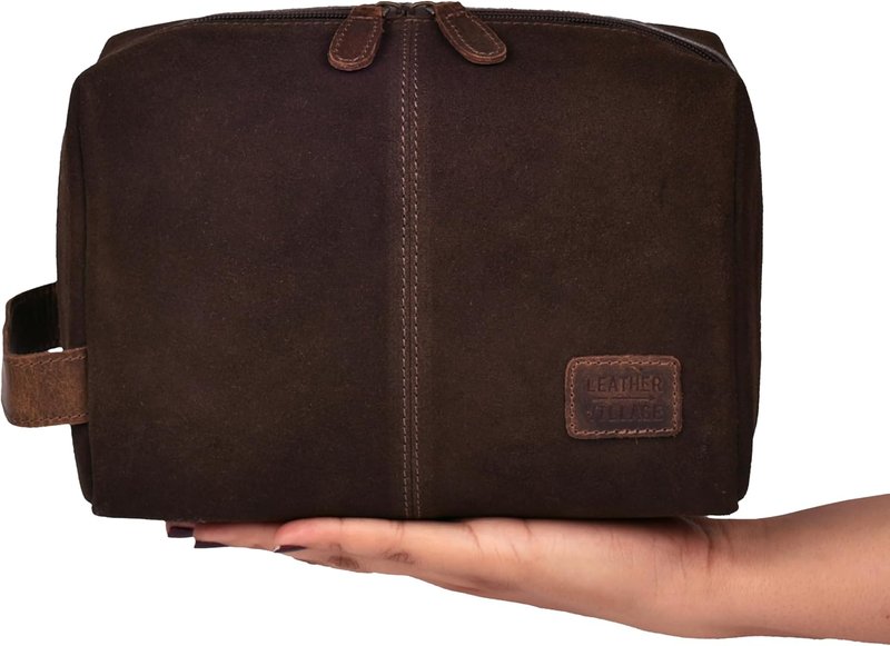 Leather Travel Toiletry Bag - Large Capacity Dopp Kit for Men & Women | Brown Bathroom Organizer