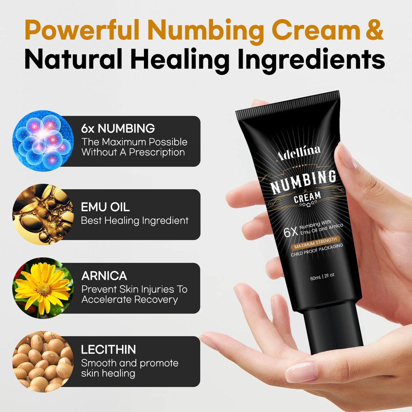 Adellina Numbing Cream Maximum Strength: Long Lasting Extra Soothing with Arnica and Elmu Oil (2 Fl Oz (Pack of 1))